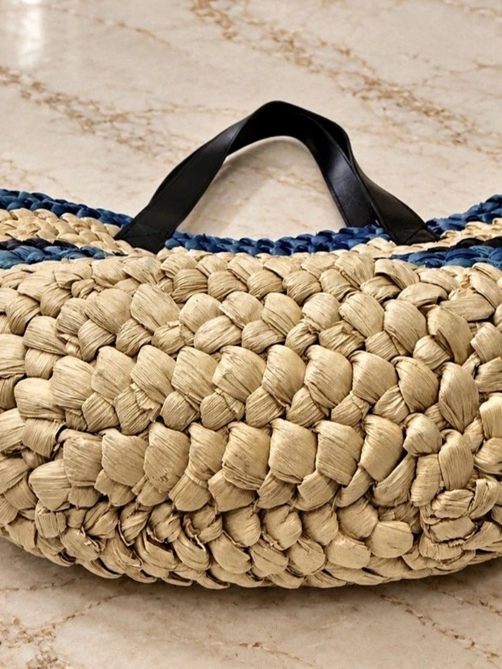 Club Monaco Striped Woven Straw Tote Blue & Cream - Picture 2 of 3